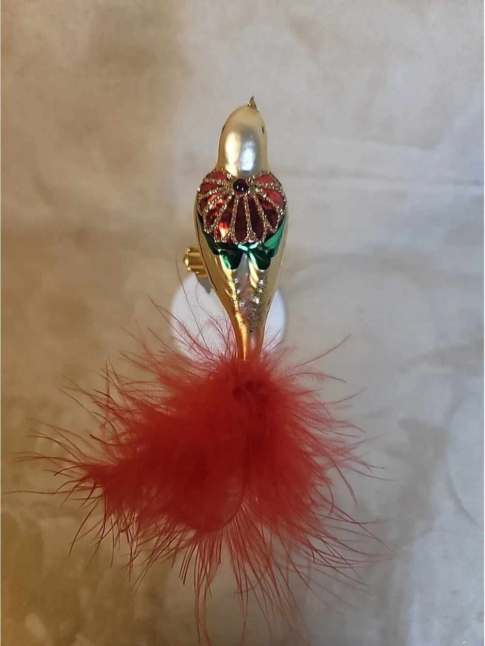 Vintage Equsite Polish Hand Blown Mercury Glass Clip On Bird Christmas Ornament